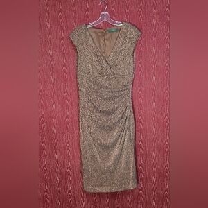 LAUREN RALPH LAUREN DRESS Goldish V-Neck Cap Sleeve Ruffled Waist Evening Dress